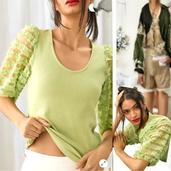 Dolan |Anthropologie Ruffle Sleeve Top in Green - Picture 2 of 10